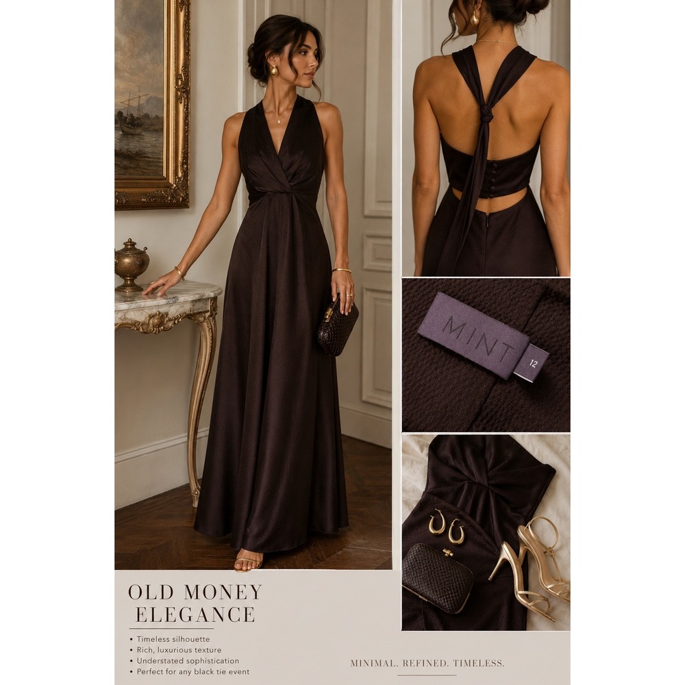 Mint Chocolate Brown Twist Front Halter Maxi Dress Open Back Formal Gown Size 12